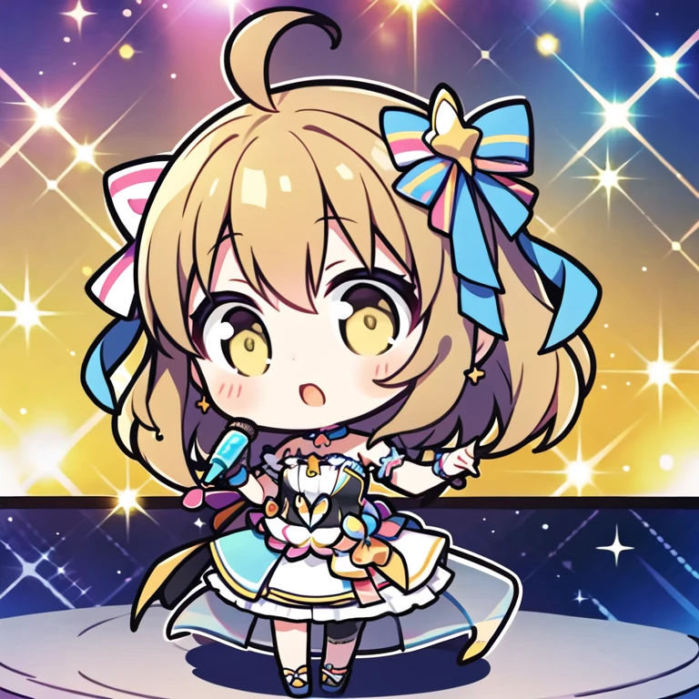 ribbon, ahoge, microphone, e7idol-sp1, hair ribbon, idol dress, accessories,1girl, solo, stage, yellow eyes, chibi