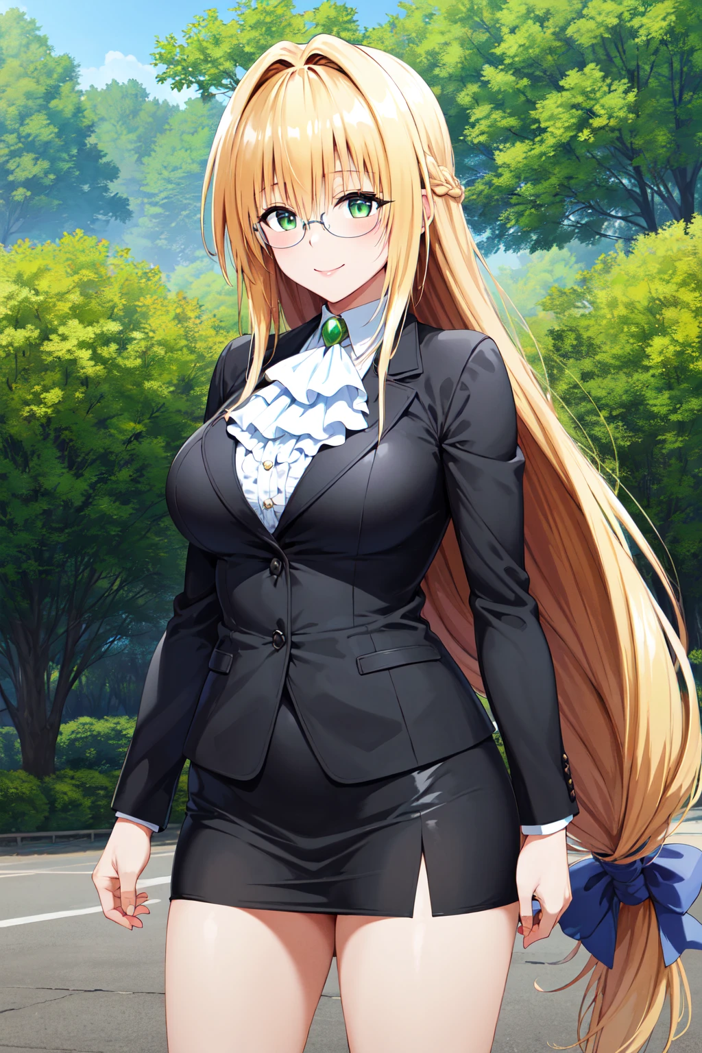 (masterpiece, best quality), 1girl, <lora:tearju_lunatique_v1:1> aatearju, very long hair, low-tied long hair, hair ribbon, green eyes, glasses, large breasts, white ascot, black jacket, long sleeves, black skirt