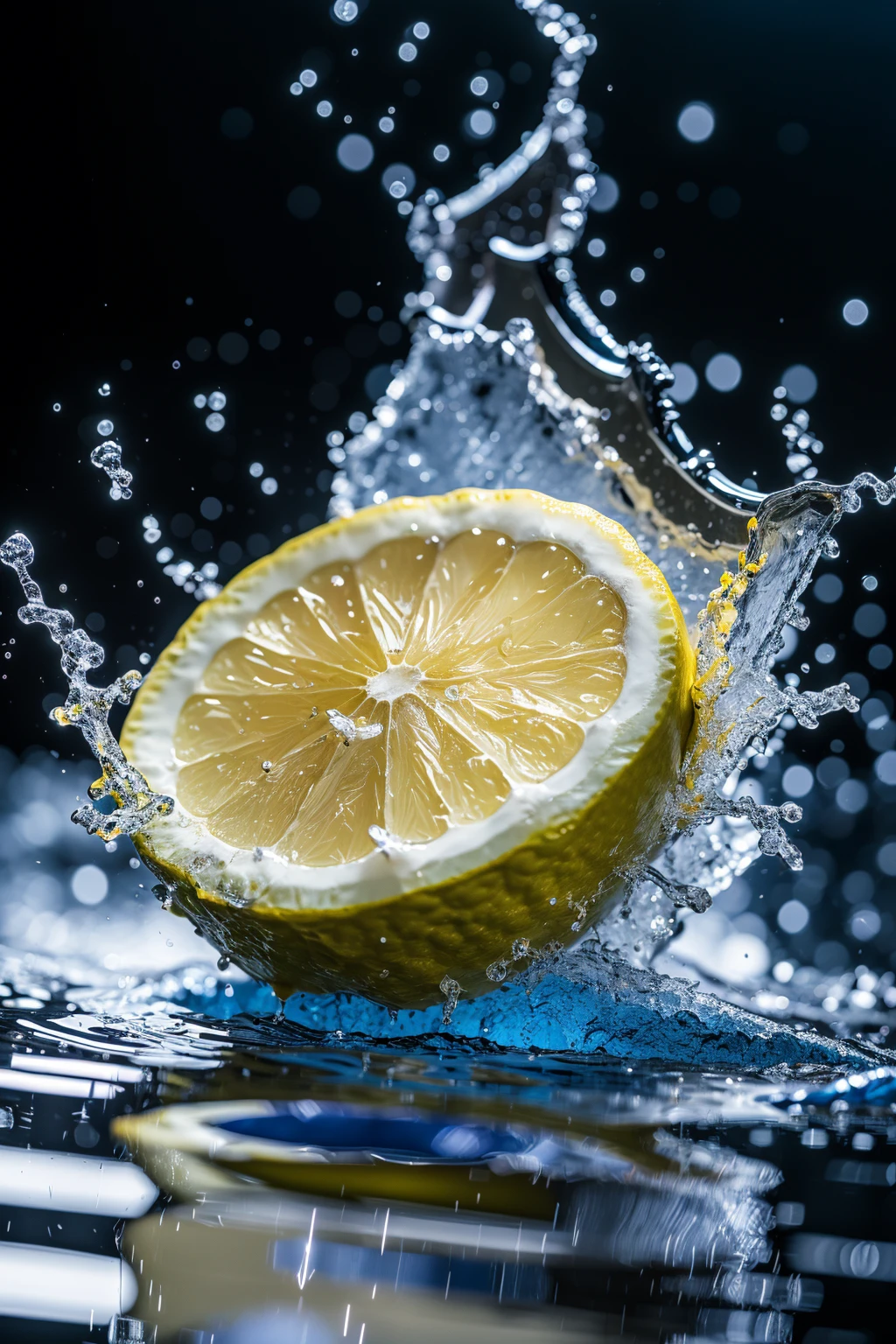 lemon, splash water, flashing particles , depth of field, clean background