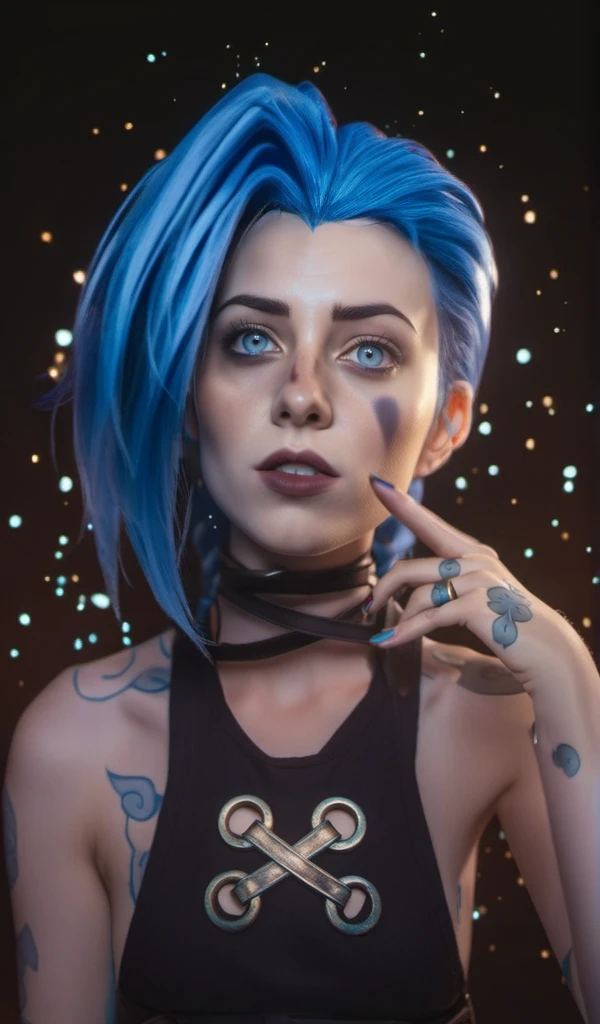 cinematic photo a woman with blue hair and piercings holding a finger up to her mouth and looking at the camera, running makeup, league of legends photography, a character portrait, auto-destructive, <lora:Jinx1024-000260:0.8> . 35mm photograph, film, bokeh, professional, 4k, highly detailed