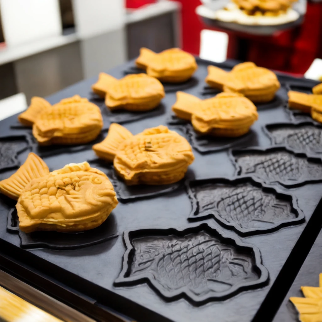 <lora:Fish_shaped_waffle_v1:0.7>,food focus, kanagata, taiyaki