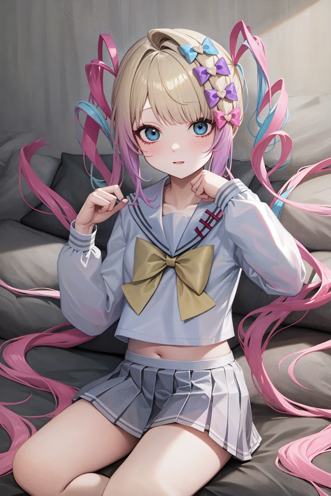 <lora:è¶
天:0.8:lbw=char>,chaotian,multicolored hair,pink hair,blue hair,bow,quad tails,hair bow,long hair,blue eyes,bangs,school uniform,sailor collar,serafuku,blonde hair,twintails,long sleeves,blue bow,shirt,purple bow,, 1girl,
, (masterpiece,best quality:1.2),absurdres
