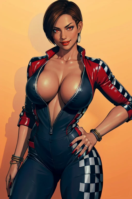 masterpiece,best quality,extreme detail,8k,<lora:lisa:0.8>,lisa2, 1girl, solo, breasts, looking at viewer, smile, short hair, large breasts, brown hair, red eyes, cleavage, jewelry, dark skin, nail polish, bracelet, dark-skinned female, hand on hip, no bra, zipper, center opening, unzipped, checkered clothes, jumpsuit, plunging neckline