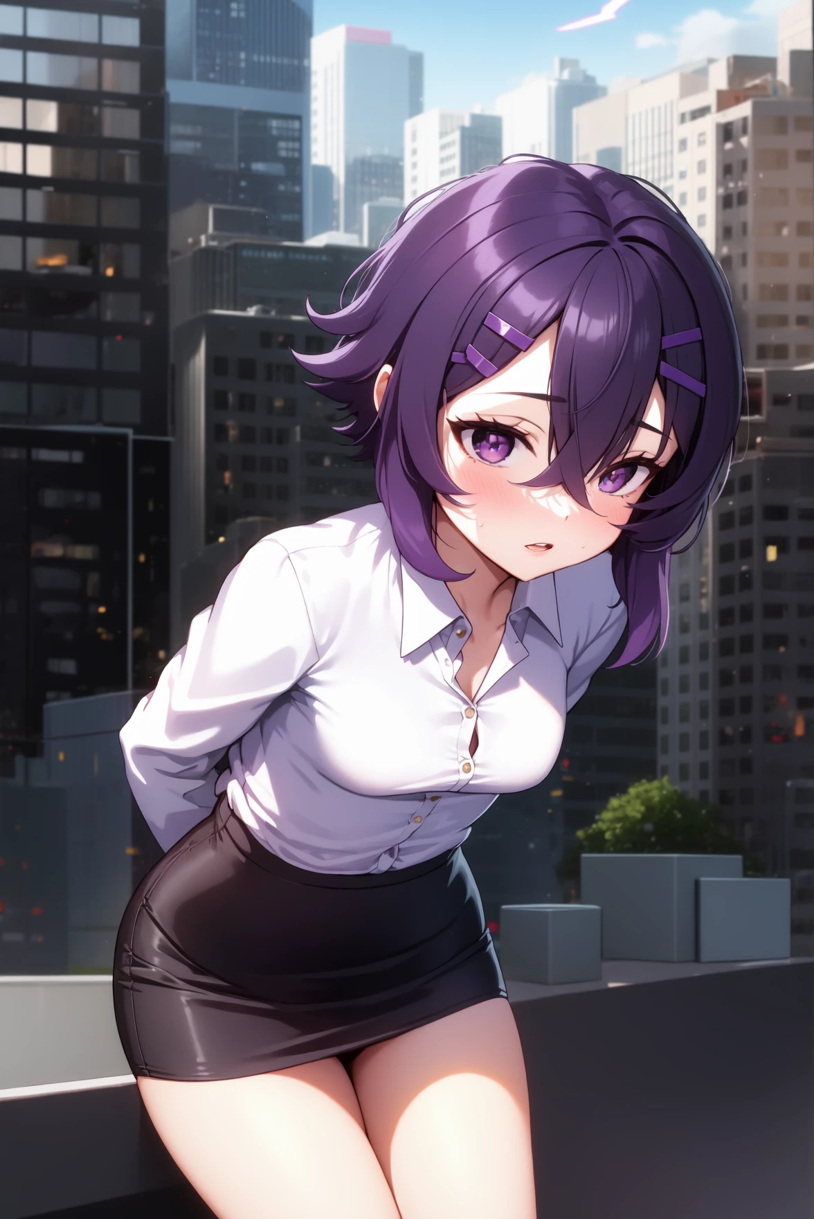 1girl, solo, (masterpiece, best quality), standing, outdoors, city, blush, parted lips, thighs, haruka, purple hair, short hair, hair between eyes, sidelocks, hairclip, purple eyes, halo, office lady, business suit, pencil skirt, white shirt, long sleeves, small breasts, leaning forward, arms behind back 