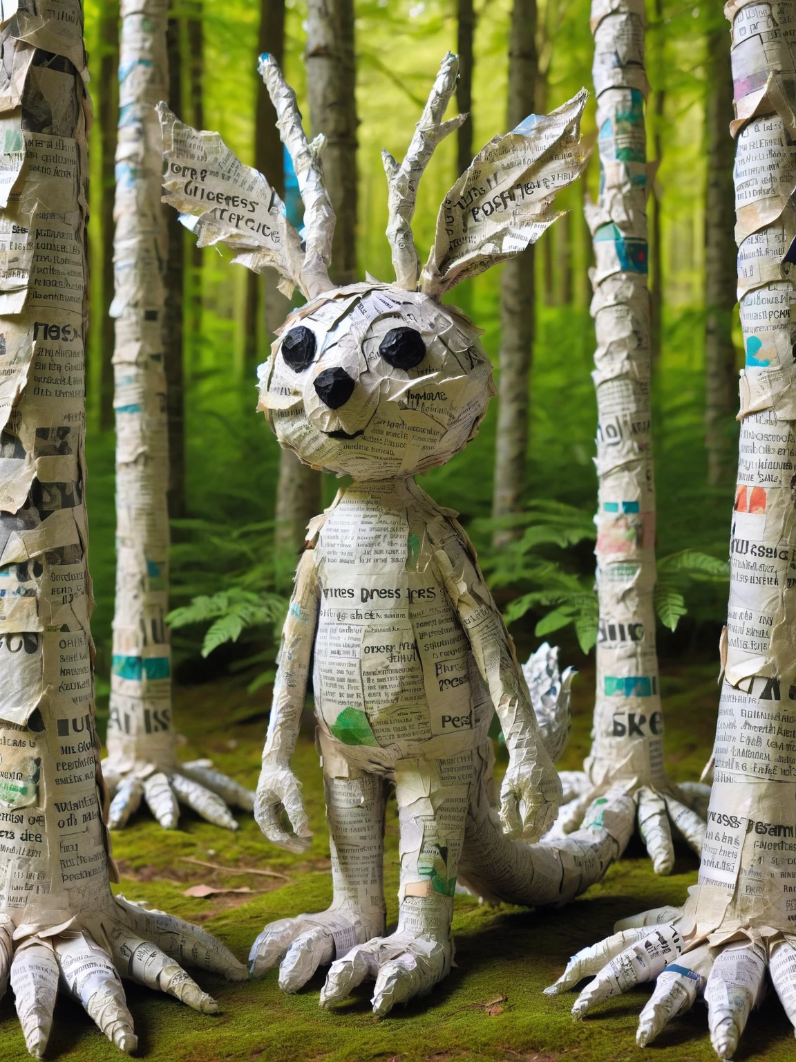 ais-papiermache forest, where whimsical creatures with papier-mache features roam among the trees <lora:Papier_Mache_Style_SDXL:1>
