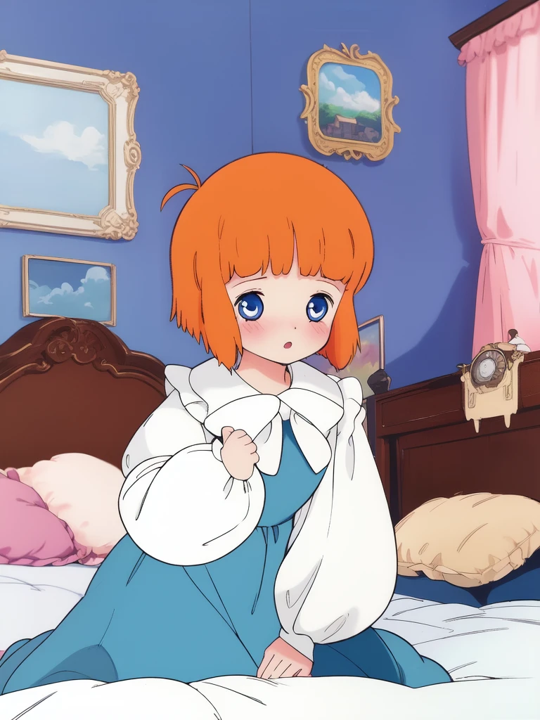 <lora:Mariel_Legrand:0.8>, Mariel, 1girl, solo, blue eyes, short hair, orange hair, bangs, blunt bangs, blush,
blue dress, bangs, puffy sleeves, puffy long sleeves, room, House, bed,
masterpiece, high quality, very_high_resolution, large_filesize, full color,