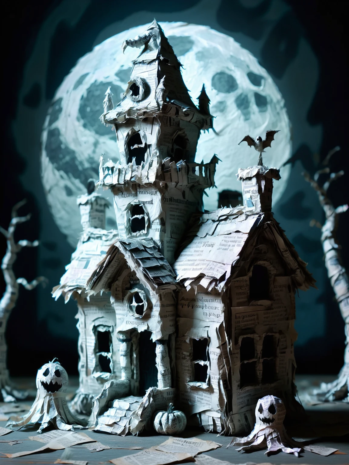 ais-papiermache haunted mansion, where eerie paper ghosts and ghouls come to life in the moonlight <lora:Papier_Mache_Style_SDXL:1>