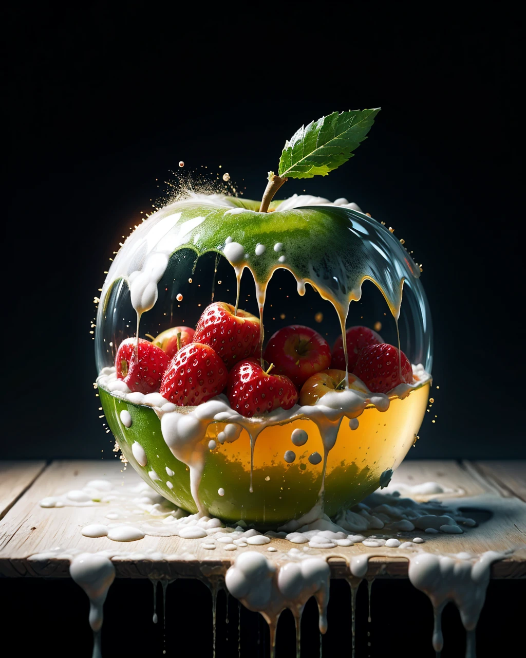 apples with strawberries, splash water, flashing particles , depth of field, clean background, made out of ral-mold <lora:ral-mold:1> ral-mold