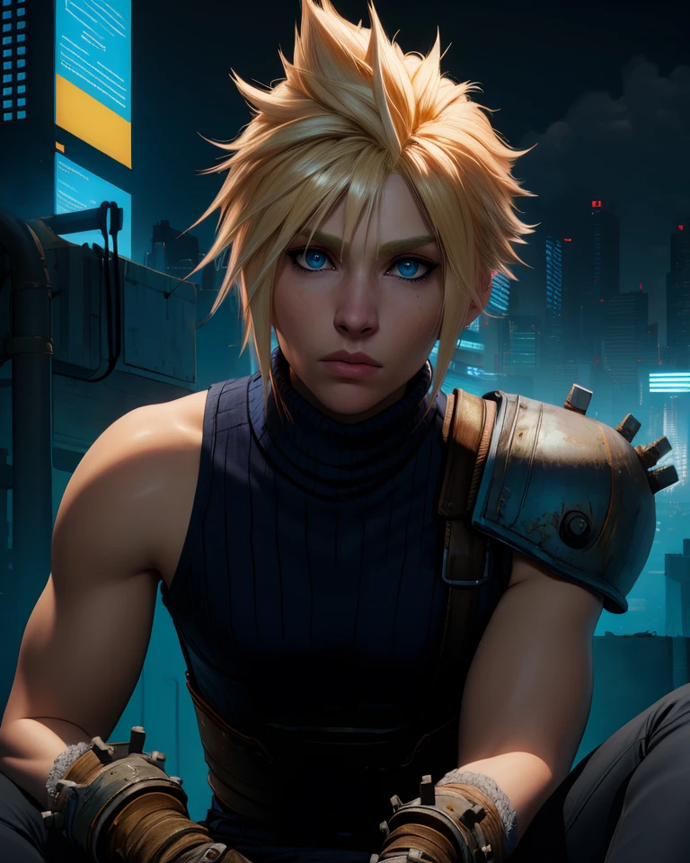 Cloud,blonde hair,spiked hair,blue eyes,solo,sitting,upper body,
sleeveless,gloves,turtleneck,armor,shoulder armor,sleeveless turtleneck,
night,industrial,cyberpunk,(insanely detailed, beautiful detailed face, masterpiece, best quality),<lora:CloudFB-10FFv8:0.8>,