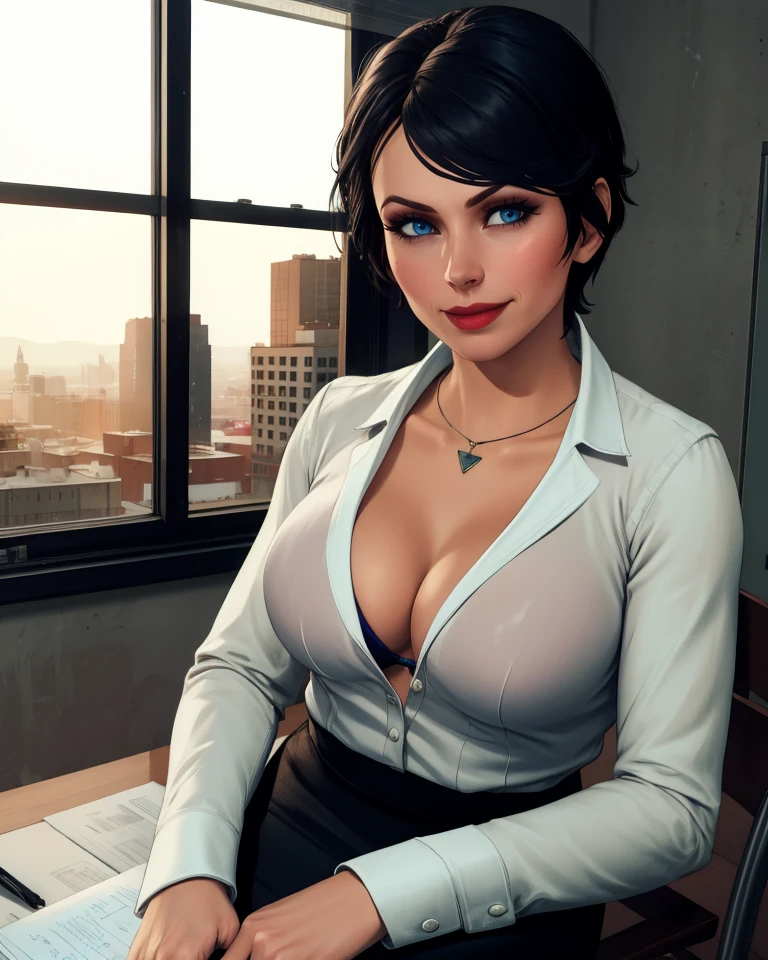 <lora:mercy_graves:0.6>,mercy_graves,1girl,solo,short_brown_hair BREAK [SEP],
white_blouse,unbuttoned_shirt BREAK [SEP],
black_business_suit,black_pencil_skirt,black_headwear,black_gloves BREAK [SEP],
revealed_cleavage,exposed_medium_breasts,navel,colarbone,covered_nipples:1.2) BREAK [SEP],
(ambient_lighting:1.1),(ultra_realistic,32k,RAW_photo:1.1),(high_detailed_skin:1.1),8k_uhd,dslr BREAK [SEP],
high_quality,film_grain BREAK [SEP],
full_shot,looking_at_viewer_seductively,flirty_smile,naughty_face,simple_background,(insanely_detailed,best_quality,masterpiece,photorealistic:1.3),