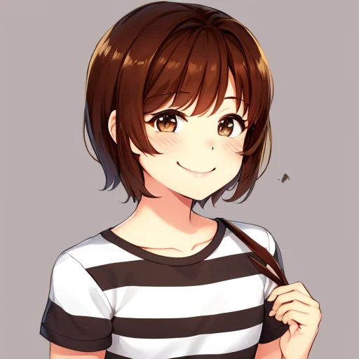 <lora:Frisk_Undertale:1>, frisk undertale, brown hair, short hair, brown eyes, black and white striped shirt, smiling