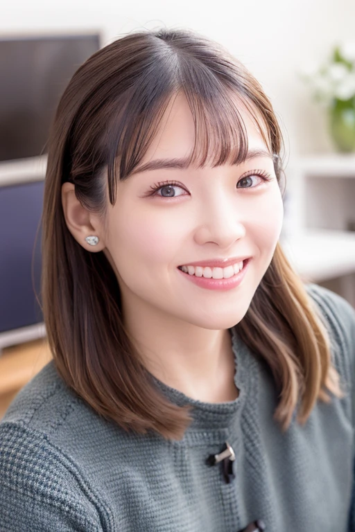 1girl, solo,(blue snuggly wear:1.8),(cleavage cutout:1.0),(RAW photo, best quality), (realistic, photo-realistic:1.4), masterpiece, an extremely delicate and beautiful, extremely detailed, 2k wallpaper, Amazing, finely detail, extremely detailed CG unity 8k wallpaper, ultra-detailed, highres, soft light, beautiful detailed girl, extremely detailed eyes and face, beautiful detailed nose, beautiful detailed eyes,(soft light:1.8),(in the living room:2.0),perfect anatomy,(slender body:1.6),(close up face:1.0),(laugh,Friendly, warm:2.0),(looking at viewer:1.8),(japanese idol:1.8),(brown eyes:1.8),(shoulder length hair:1.8),(sitting ont the sofa:1.8),  <lora:ichinosekana_lora-11:0.8>