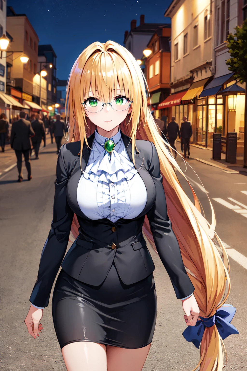 masterpiece, best quality, highres, aatearju, very long hair, low-tied long hair, hair ribbon, green eyes, glasses, large breasts, white ascot, black jacket, long sleeves, black skirt, <lora:tearju_lunatique_v1:0.7>, street, walking, cowboy shot, night