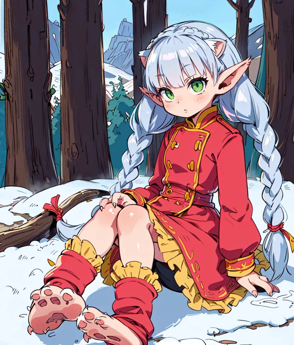 masterpiece, high res, detailed face, detailed eyes, anime screencap, 1 girl, solo, braids, long ears, silver hair, green eyes, cat nose, red coat, pink costume. black tighs, claws, animal feet, full body, outdoors, snowy mountain, cowboy shot <lora:sveta-stella:1>