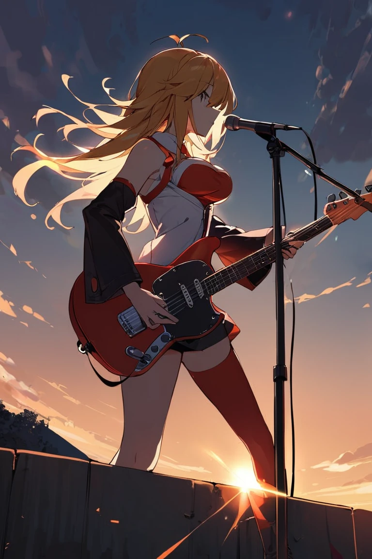 1girl, playing guitar,  lonely, evening, profile, from below, detached sleeves , asymmetrical legwear, fender mustang, makilora,  <lora:makilora_charaLoRA_XL_AMGold:1:lbw=1,0,1,0,1,1,1,1,1,0,0,0>