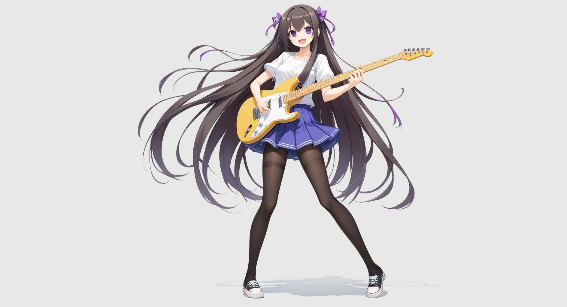 1girl, solo, long hair, instrument, pantyhose, guitar, open mouth, purple eyes, one side up, skirt, ribbon, electric guitar, full body, smile, white background, very long hair, black pantyhose, looking at viewer, :d, simple background, holding, standing, shirt, shoes, white shirt