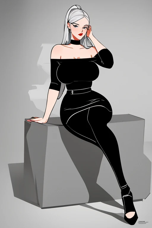 best quality, ultra high res, 1girl (fullbodyshot:1.1), off-shoulder white shirt, black tight skirt, black choker, (faded ash gray hair:1), (huge breasts:1.2), looking at viewer