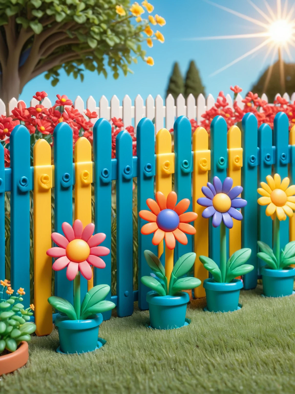 ais-plasticz garden, with ais-plasticz flowers blooming in vibrant colors under an ais-plasticz sun, set against a backdrop of an ais-plasticz picket fence and an ais-plasticz blue sk y<lora:Plastic_Toy_Style_SDXL:1>