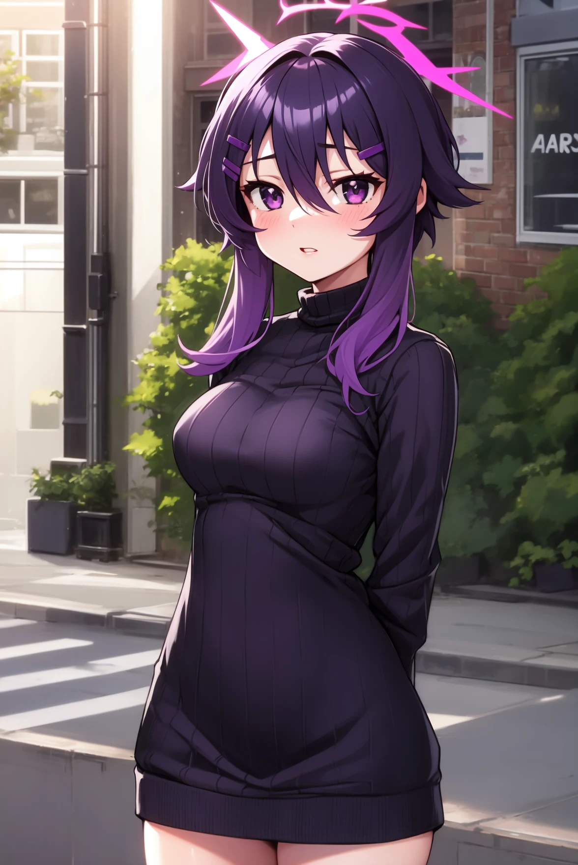 1girl, solo, (masterpiece, best quality), standing, outdoors, street, blush, parted lips, thighs, arms at sides,  haruka, purple hair, short hair, hair between eyes, sidelocks, hairclip, purple eyes, halo, ribbed sweater, sweater dress, turtleneck