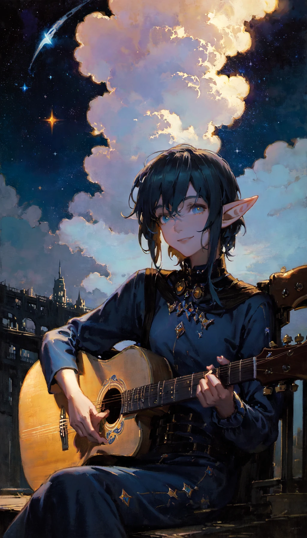 masterpiece, best quality, illustration, the cloud elf queen busks on the streets of new york, casual, sitting, playing guitar, portrait, dark moody lighting, night sky, night, starry sky, glittering, sparkle, dark, (smile:0.8)