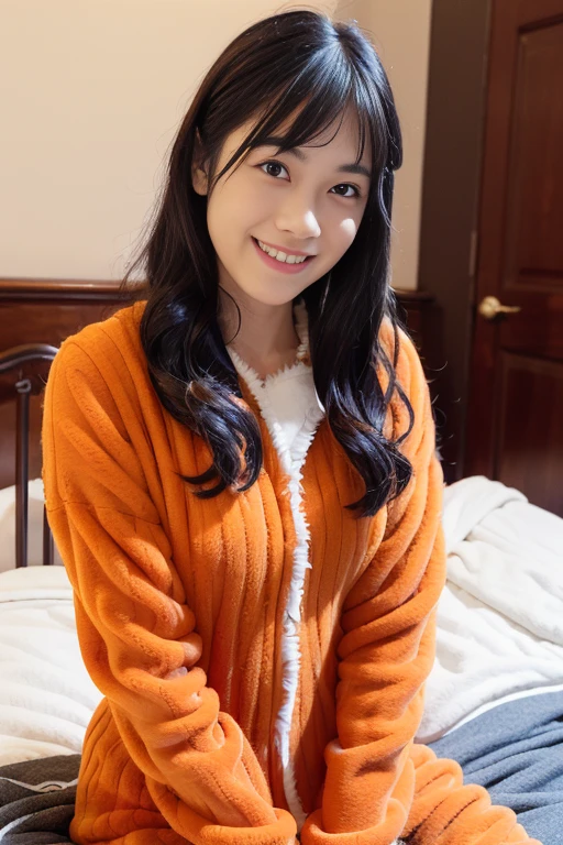1girl, solo,(orange snuggly wear:1.8),(RAW photo, best quality), (realistic, photo-realistic:1.4), masterpiece, an extremely delicate and beautiful, extremely detailed, 2k wallpaper, Amazing, finely detail, extremely detailed CG unity 8k wallpaper, ultra-detailed, highres, soft light, beautiful detailed girl, extremely detailed eyes and face, beautiful detailed nose, beautiful detailed eyes,(soft light:1.8),(in the bed room:2.0),perfect anatomy,(slender body:1.6),(close up face:1.8),(laugh,Friendly, warm:2.0),(looking at viewer:1.8),(japanese idol:1.8),(brown eyes:1.8),(smooth long hair:1.8),(sitting on the bed:1.8), <lora:koizumimoeka_lora-14:0.8>