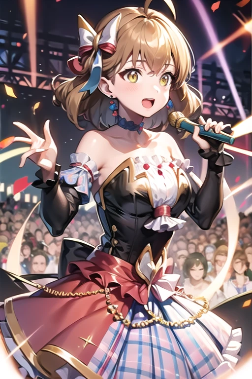 Anime style beutiful woman, 1girl,fullbody, happy, (with sparkling eyes and a contagious smile:1.2), red face, closed mouth, beautiful detailed eyes, super detailed skin, backlighting, bare shoulders, black background, black dress, black gloves, black hair, breasts, dress, earrings, fingerless gloves, floating hair, floral print, flower, gloves, gold earrings, gold hairband, hair flower, hair ornament, hairband, holding, holding weapon, jewelry, large breasts, long hair, looking at viewer, off-shoulder dress, off shoulder,red eyes, short hair with long locks, sidelocks, solo, spikes, thighs, two-sided dress, two-sided fabric, weapon, fighting stance , face, close up, from above, highest quality, high resolution,Real World, Natural light,perfect Natural light,looking at viewer,