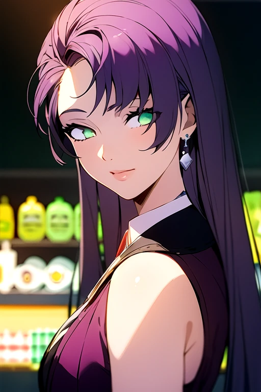 (best quality:1.1), (masterpiece:1.4), illustration, , upper body, depth of field, , (semi-realistic:1.4), 1girl, solo, <lora:dolce_synduality_noir:0.92>, dolce_synduality_noir, purple hair, green eyes, , , demon costume, , 12k resolution