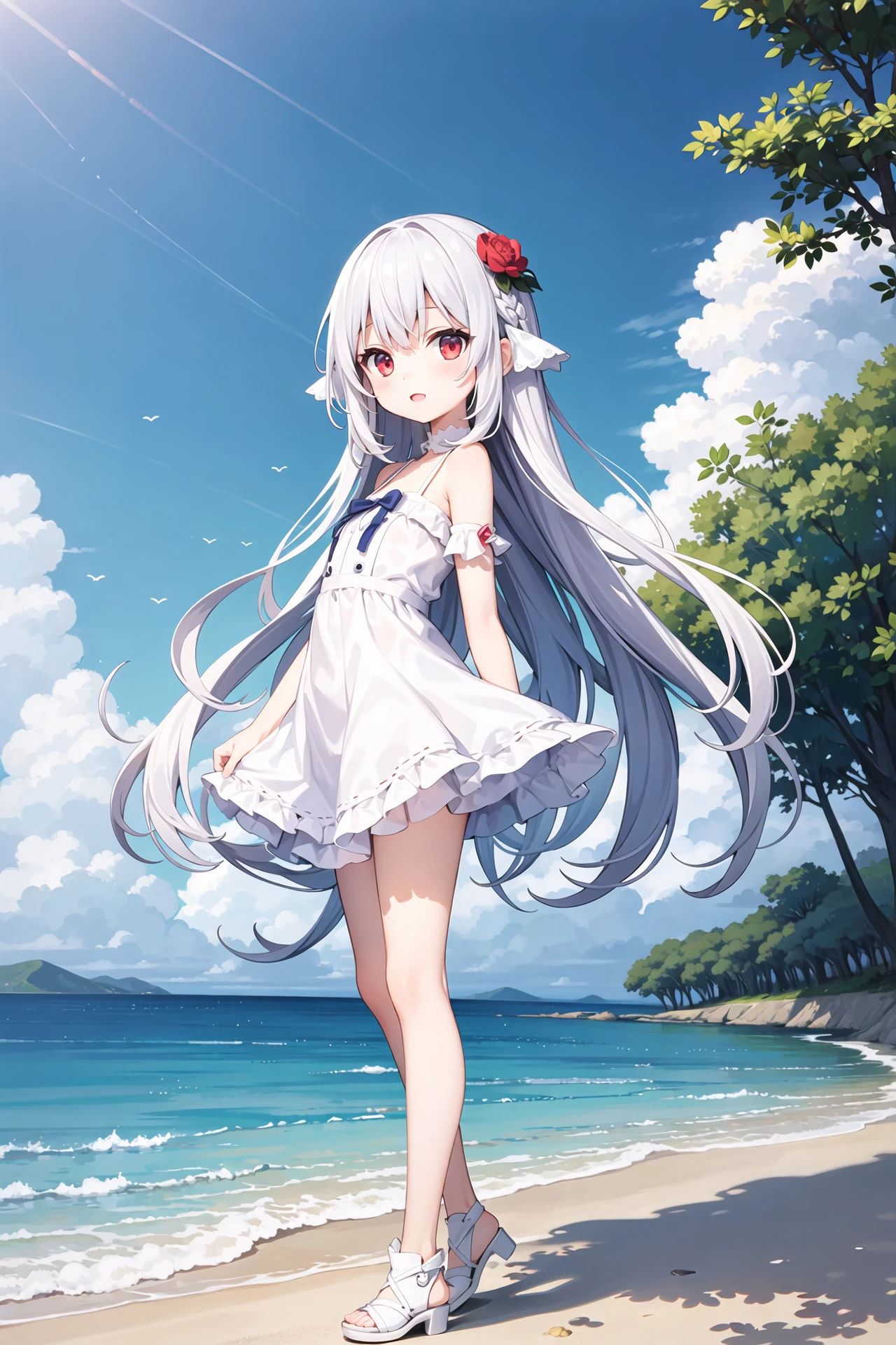(((masterpiece))), best quality, illustration, young girl, 1girl with light white long hair, beautiful detailed red eyes, light white long straight hair, ((cute)), cute face, (petite), full body, solo, solo focus, standing, sea, sky