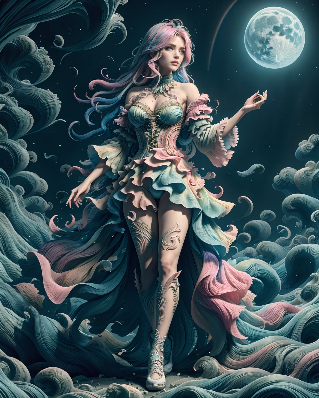 (masterpiece, top quality, best quality,watercolor (medium),official art, beautiful and aesthetic:1.2),(1girl:1.3), (fractal art:1.3),full body, looking at viewer,patterns,(rainbow color Hair,colorful hair,half blue and half pink hair:1.2), Movie Light, (Hell Building), Death Light, (Purple Particle), Demon, Moon, Bright Moonlight Skull, Very long hair, clothes with ridiculous Details, Whirlwinds, made of ral-3dwvz <lora:ral-3dwvz-sd15:1> ral-3dwvz