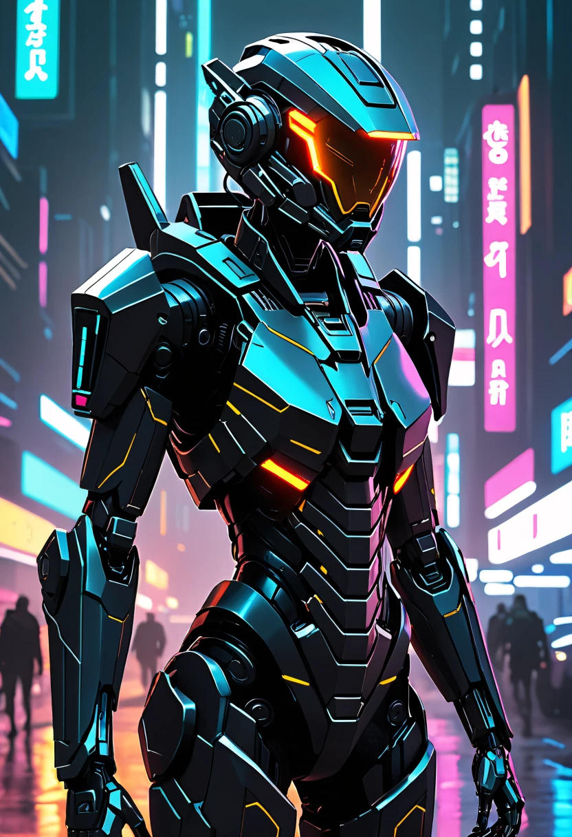 sci-fi style a girl in the dark, mecha, sci-fi armor, black matte angular armor, Bladerunner 2049, . futuristic, technological, alien worlds, space themes, advanced civilizations
