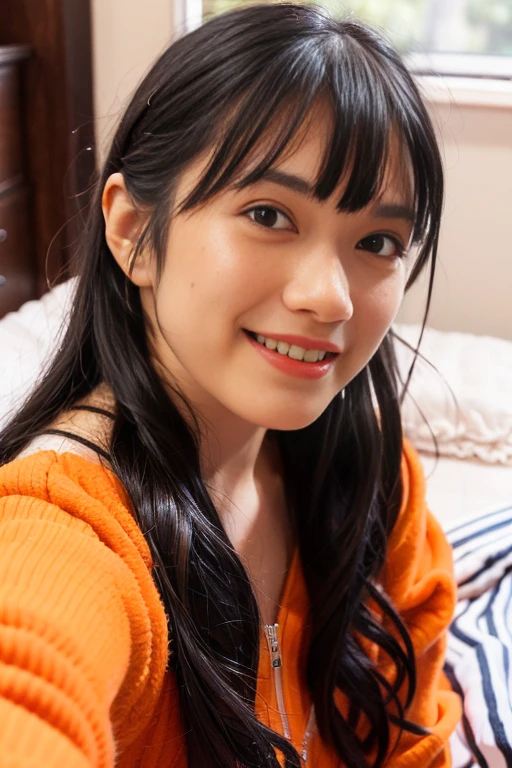 1girl, solo,(orange snuggly wear:1.8),(RAW photo, best quality), (realistic, photo-realistic:1.4), masterpiece, an extremely delicate and beautiful, extremely detailed, 2k wallpaper, Amazing, finely detail, extremely detailed CG unity 8k wallpaper, ultra-detailed, highres, soft light, beautiful detailed girl, extremely detailed eyes and face, beautiful detailed nose, beautiful detailed eyes,(soft light:1.8),(in the bed room:2.0),perfect anatomy,(slender body:1.6),(close up face:1.8),(laugh,Friendly, warm:2.0),(looking at viewer:1.8),(japanese idol:1.8),(brown eyes:1.8),(smooth long hair:1.8),(sitting on the bed:1.8), <lora:koizumimoeka_lora-14:0.8>