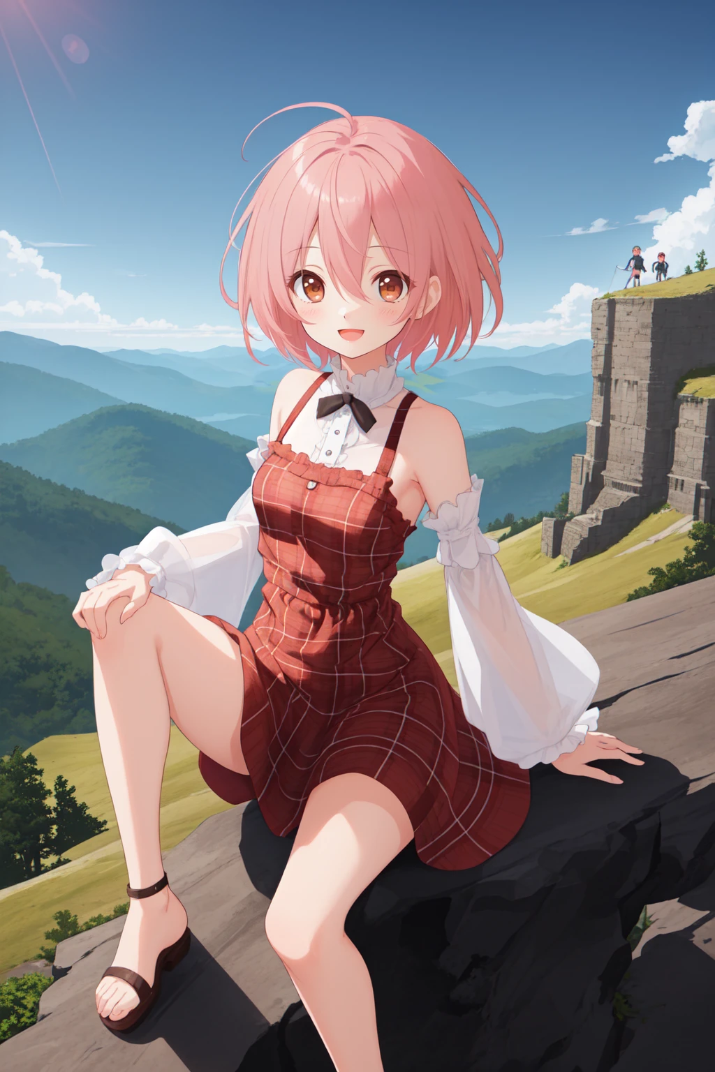 best quality, amazing intricate, cute girl, brown eyes, round eyes, dropping eyes, small breasts, Neat and clean, shy,
:d, pink hair, leg up, on top of a mountain,
short hair, flipped hair, hair between eyes, sidelocks,
portrait, warm lighting,
plaid dress, bare shoulder, detached sleeves, white sleeves