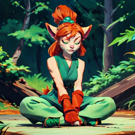 , masterpiece, Highest Quality, Highest Resolution, perfect background, perfect perspective, sharp image, perfect details, perfect lighting, perfect shadows, Perfect lighting, Best background,
Tessa, furry, furry female, 1girl, animal tail, animal ears, animal nose, green eyes, Adult, orange hair, pony tail, body fur, sleeveless, green footwear, topknot, green leaf dress, sitting, criss corssed, meditating, in forest, closed eyes, zen,