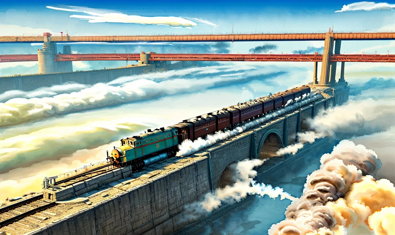 isometric style watercolor of a moving steam train:0.2 0n metromost bridge at ob river embakment in novosibirsk:1, rare clouds, sunny day, saturated colors <lora:Novosibirsk_SD:1>, cyberpunk style