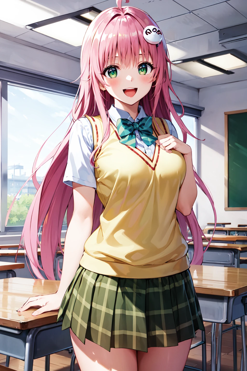 laladevilluke, lala deviluke, long hair, pink hair, tail, ahoge, bangs, hair ornament, (green eyes:1.5), smile, (showing panties,:1.5), BREAK demon tail, green skirt, plaid, plaid skirt, sainan high , , skirt, sweater vest, thighhighs, (yellow sweater:1.5), short sleeves, bow, (green bow:1.5) BREAK indoors, classroom, BREAK looking at viewer, (cowboy shot:1.5), BREAK (masterpiece:1.2), best quality, high resolution, unity 8k wallpaper, (illustration:0.8), (beautiful detailed eyes:1.6), extremely detailed face, perfect lighting, extremely detailed CG, (perfect hands, perfect ???????),