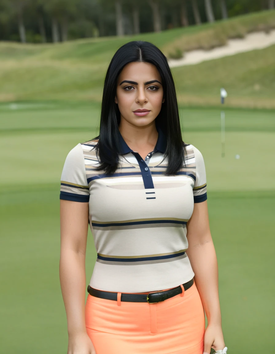 EmeraudeToubia,<lora:EmeraudeToubiaSDXL:1> portrait photo of a woman, on a golf course, looking directly at the camera, face front