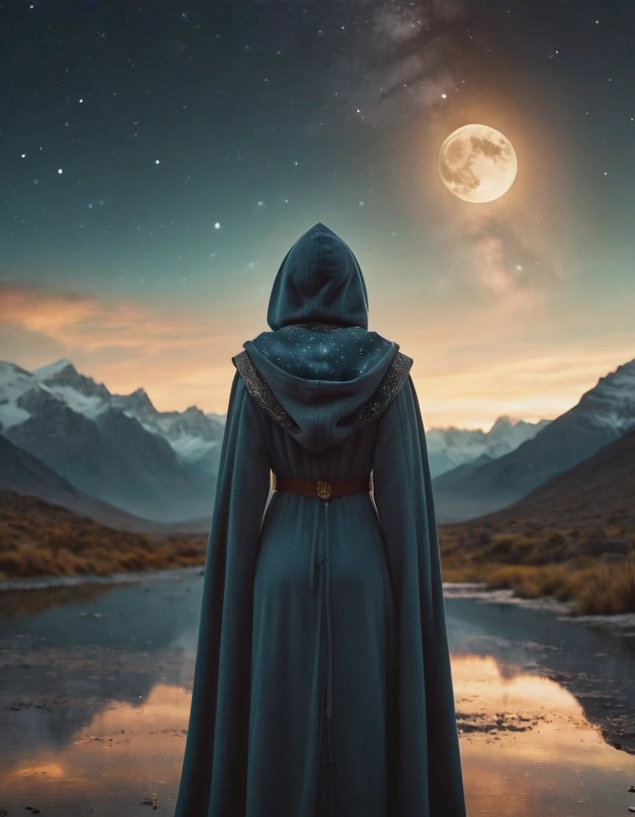 cinematic film still cinematic still fflix_ufantasy, star (sky), hood, scenery, moon, robe, from behind, starry sky, hooded cloak, planet, cloud, reflection, standing, facing away, mountain, night, 1girl . emotional, harmonious, vignette, highly detailed, high budget, bokeh, cinemascope, moody, epic, gorgeous, film grain, grainy", "fflix_ufantasy, star (sky), hood, scenery, moon, robe, from behind, starry sky, hooded cloak, planet, cloud, reflection, standing, facing away, mountain, night, 1girl, extremely detailed beautiful, establishing shot, artistic, hyperrealistic, beautiful face, octane render, cinematic lighting, dramatic lighting, masterpiece
<lora:fflix_ufantasy-000004:1>, , <lora:FILM_PHOTOGRAPHY_STYLE:0.25> . shallow depth of field, vignette, highly detailed, high budget, bokeh, cinemascope, moody, epic, gorgeous, film grain, grainy