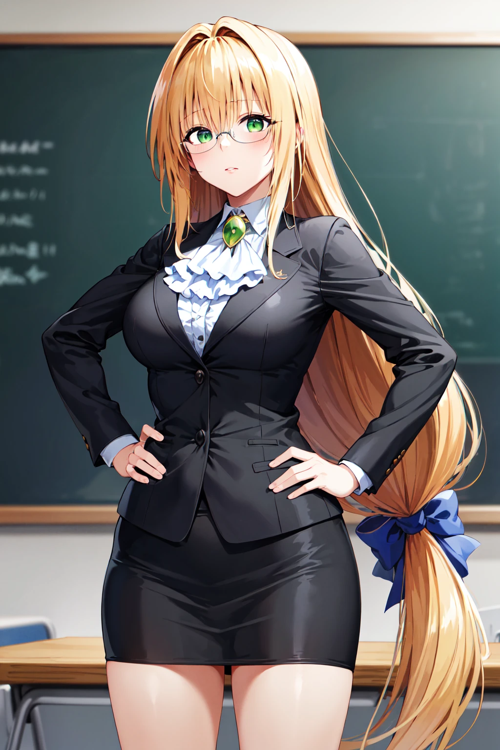 masterpiece, highest quality, High resolution, Atearge, very long hair, long hair tied low, hair ribbon, green eyes, Glasses, big breasts, white ascot, black jacket, long sleeve, black skirt, put your hands on your hips, Are standing, cowboy shot, classroom, blackboard,