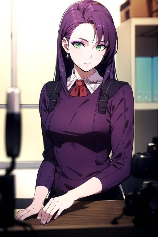 photorealistic, (4k), depth of field, (Masterpiece), (realistic skin texture), extremely detailed, intricate, hyper detailed, high resolution, professional photography, , depth of field, sharp detail, best quality, looking at viewer, 1girl, solo, <lora:dolce_synduality_noir:0.74>, dolce_synduality_noir, purple hair, green eyes, long hair, makeup, sweater, , factory, 4k resolution