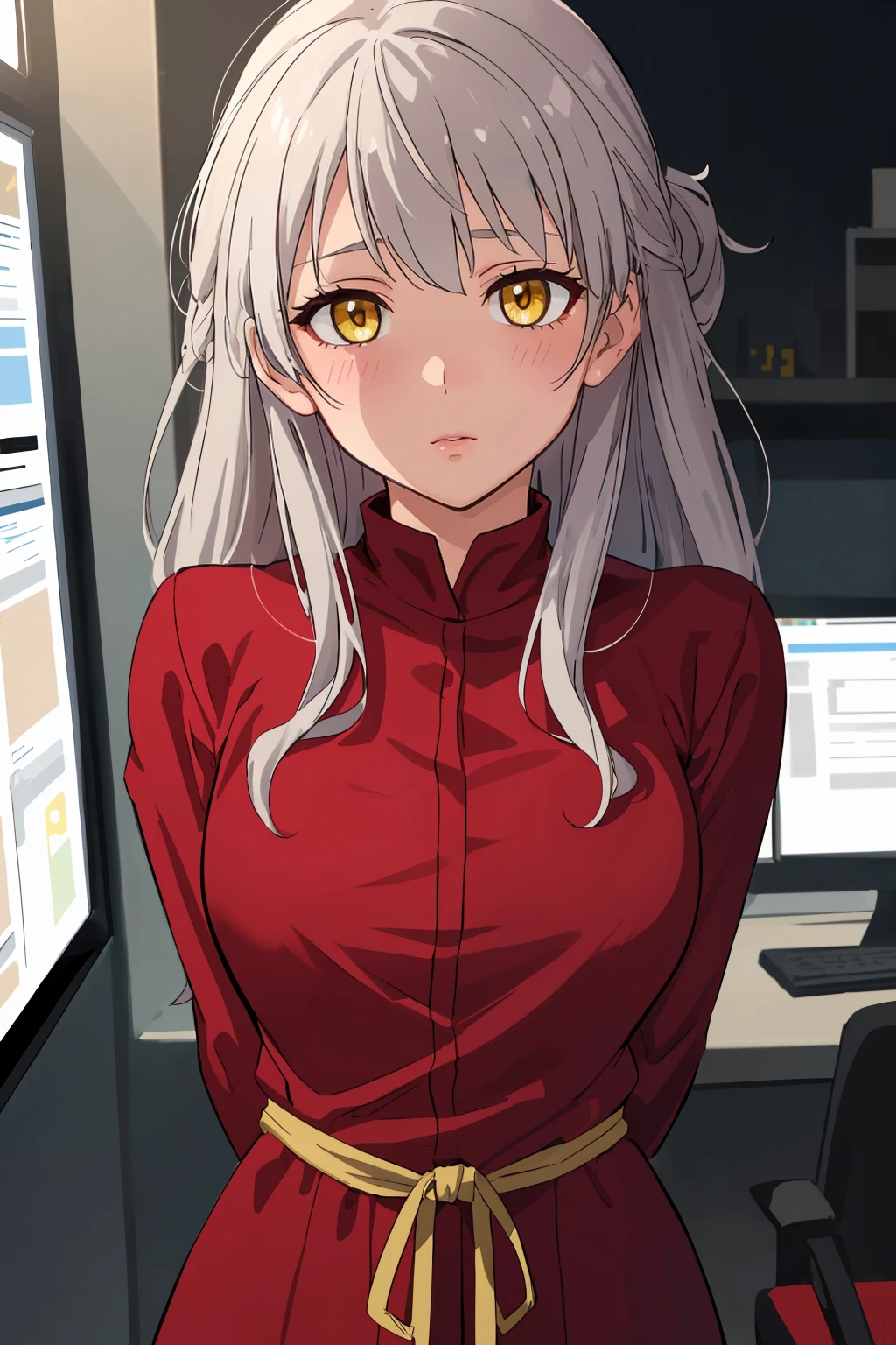 masterpiece, best quality,1girl, solo, facing viewer, <lora:EPfeMicaiah-07:1>, EPfeMicaiah, 1girl, long hair, grey hair, yellow eyes,omake, office, computers, dusk, arms behind back, king costume, shy, blush