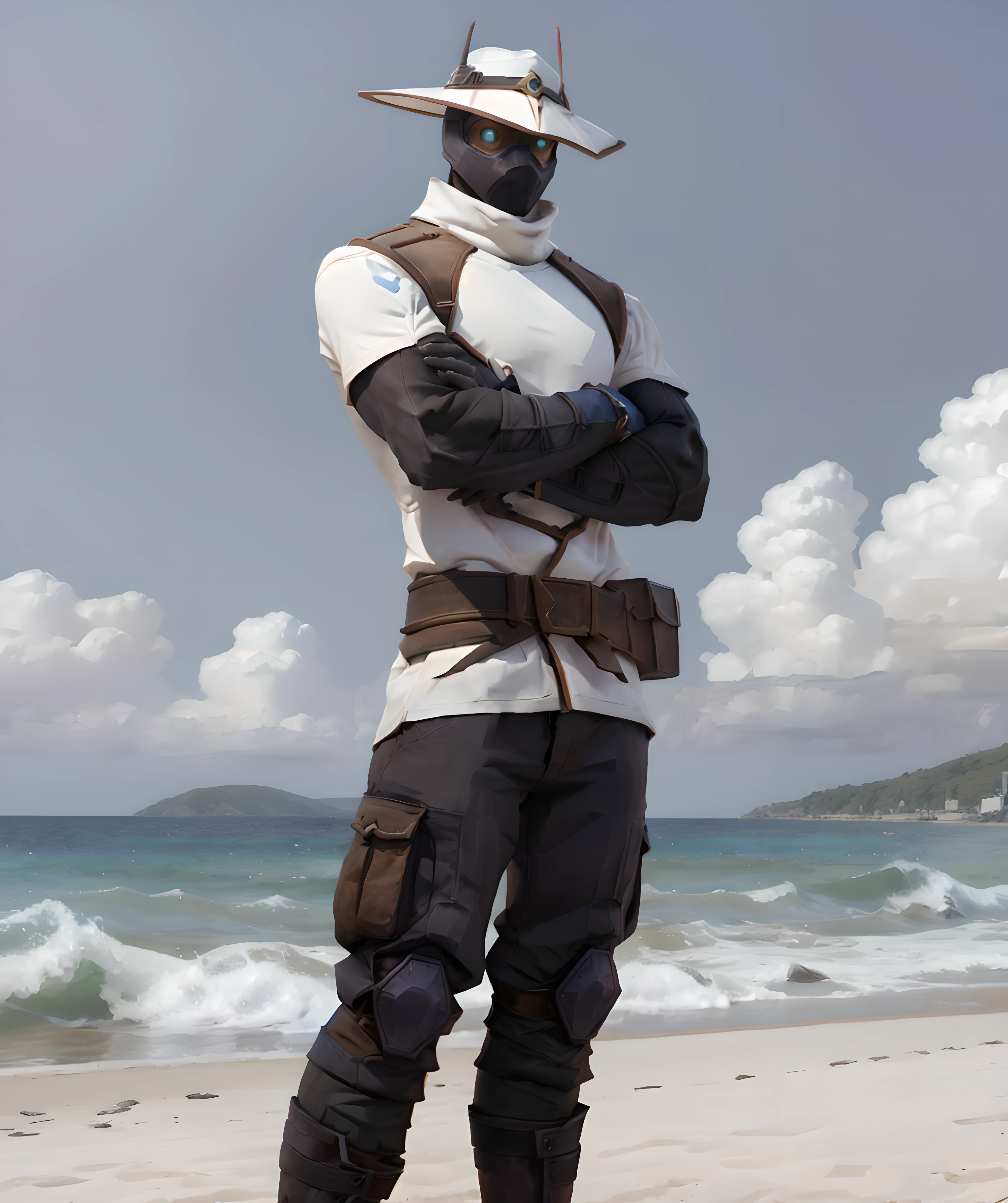 cypher_valorant, looking at viewer, standing, hat, mask, (muscular, white_t-shirt), cargo pants, beach, sunny, daytime, crossed arms <lora:Cypher:0.75> <lora:white_t-shirt:0.8>