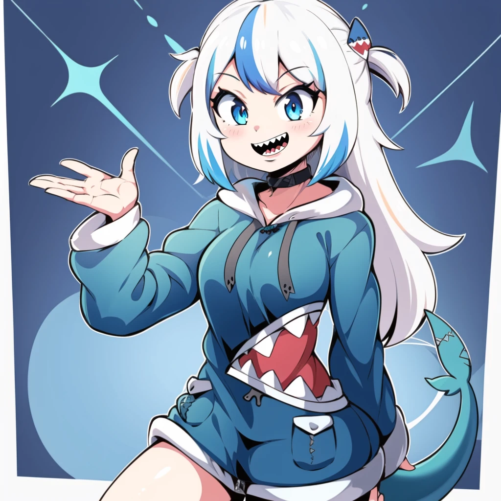best quality,
1girl, multicolored hair , blue eyes,smile, <lora:gawrGura:0.6> gawr gura, shark girl, shark tail, shark print, blue hoodie, sharp teeth, animal hood,white hair, blue hair strands,
<lora:GreenArtistSpice-15:1> greenartistspice,outline,