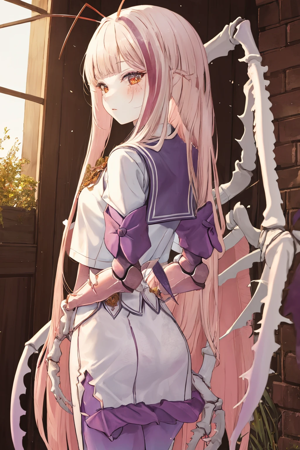 masterpiece, best quality, 1girl, <lora:spmatarakandef:1> matarakandef, arthropod girl, extra arms, antennae, school uniform, arms behind back