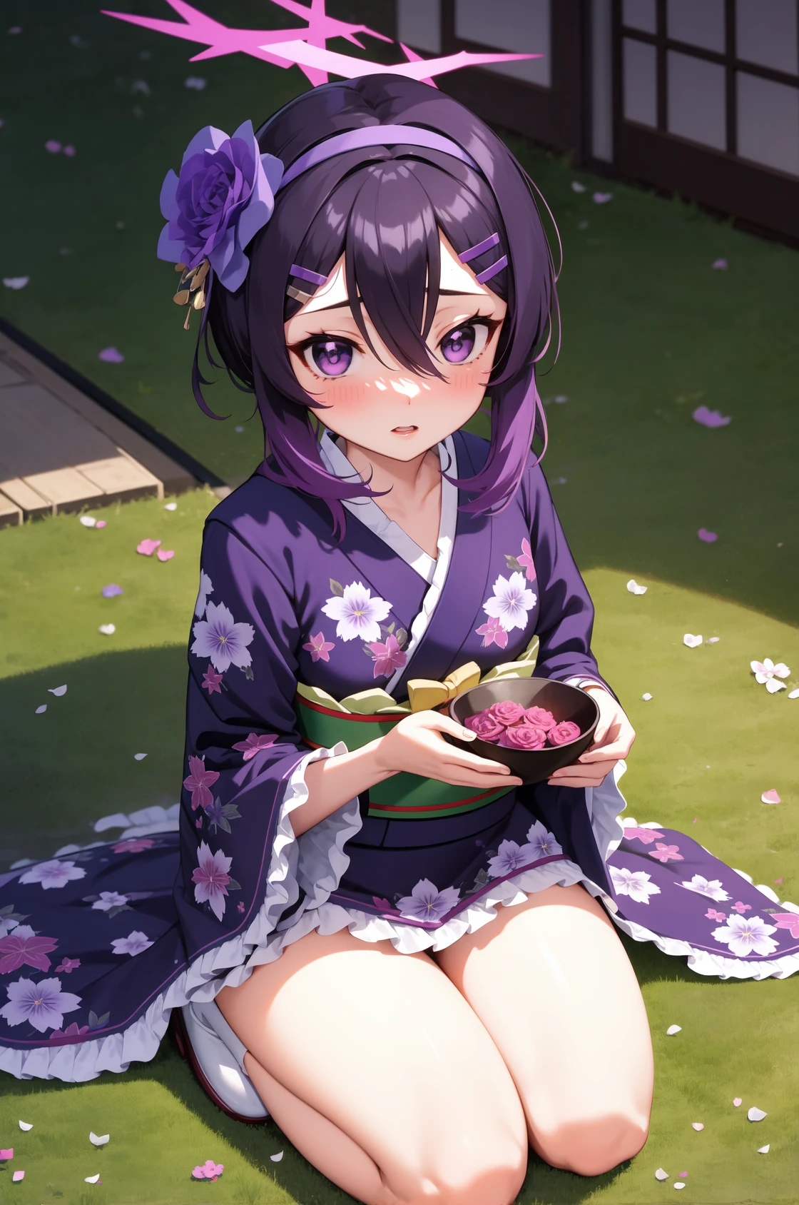 1girl, solo, (masterpiece, best quality), outdoors, blush, parted lips, thighs, haruka, purple hair, short hair, hair between eyes, sidelocks, hairclip, purple eyes, halo, kimono, japanese clothes, floral print, purple kimono, frilled kimono, wide sleeves, long sleeves, frilled sleeves, frills, kimono skirt, bow, purple bow, hair flower, purple flower, purple hairband, purple rose, sash, obi, looking at viewer, full body, from above, tabi, geta, holding, holding bowl, seiza