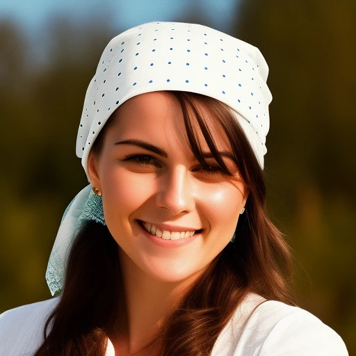 kocblHka, RAW photo, face portrait photo of beautiful 26 y.o russian woman, cute face, wearing a white cotton headscarf, happy face, long brown hair, sunny village, cinematic shot