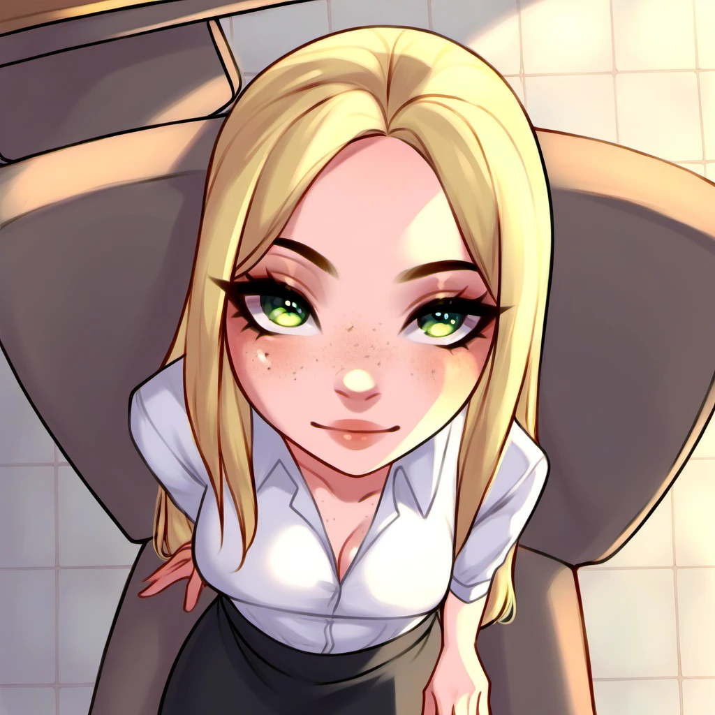 score_9,source_general, 1girl,long hair,freckles,green eyes,blonde hair,skinny,white shirt,black skirt, sitting,on chair,from above,pov,looking at viewer, tile floor,office,desk, <lora:ponyxl-all_the_way_to_the_base-concept-v01:1>[simple background,white background:0.2],