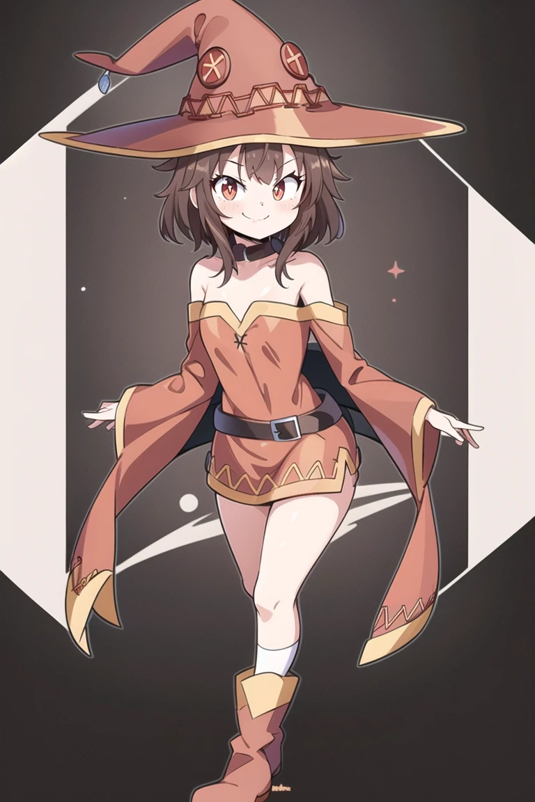 best quality, full body, 1girl, megumin, witch hat, brown hair, red dress standing, smug, ,smile , adorable face , cowboy shot, <lora:GreenArtistSpice-15:1> greenartistspice,outline,