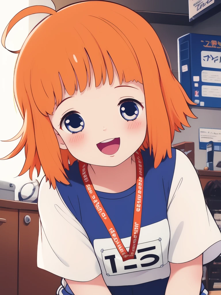 <lora:Mariel_Legrand:0.8>, Mariel, 1girl, solo, blue eyes, short hair, orange hair, ahoge, bangs, blunt bangs, smile, cowboy_Shot,
buruma, blush, gym uniform, smile, open mouth, name tag,
masterpiece, high quality, very_high_resolution, large_filesize, full color,