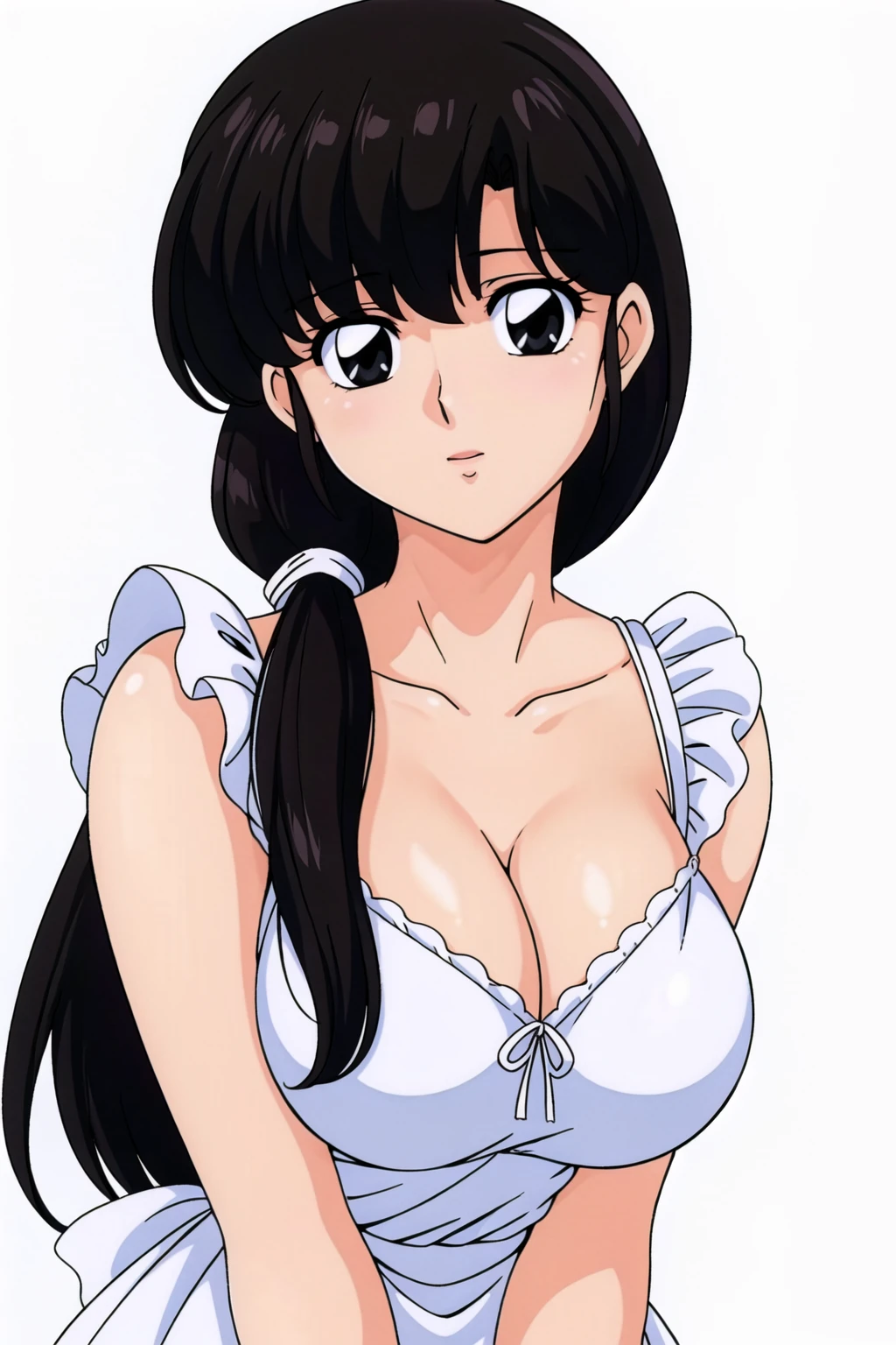 Simple White Background,
 yellow shirt, white apron, frilled apron, cleavage, collarbone, 
<lora:Kasumi_Tendo_Ranma-KK77-V1:0.6>,
<lora:Otonashi_Kyoko_hoshino-KK77-V2:0.4>,
black  eyes, black hair,long hair, bangs, braid,hair ornament, 
<lora:Oda_Non_Style-KK77-V2:0.1>,<lora:more_details:0.1>,
1 girl, 20yo,Young female,Beautiful long legs,Beautiful body,
Beautiful Nose,Beautiful character design, perfect eyes, perfect face,expressive eyes,perfect balance,
looking at viewer,(Focus on her face),closed mouth, (innocent_big_eyes:1.0),(Light_Smile:0.3),
official art,extremely detailed CG unity 8k wallpaper, perfect lighting,Colorful, Bright_Front_face_Lighting,White skin,
(masterpiece:1.0),(best_quality:1.0), ultra high res,4K,ultra-detailed,
photography, 8K, HDR, highres, absurdres:1.2, Kodak portra 400, film grain, blurry background, bokeh:1.2, lens flare, (vibrant_color:1.2),professional photograph,
(Beautiful,large_Breasts:1.4), (beautiful_face:1.5),(narrow_waist),