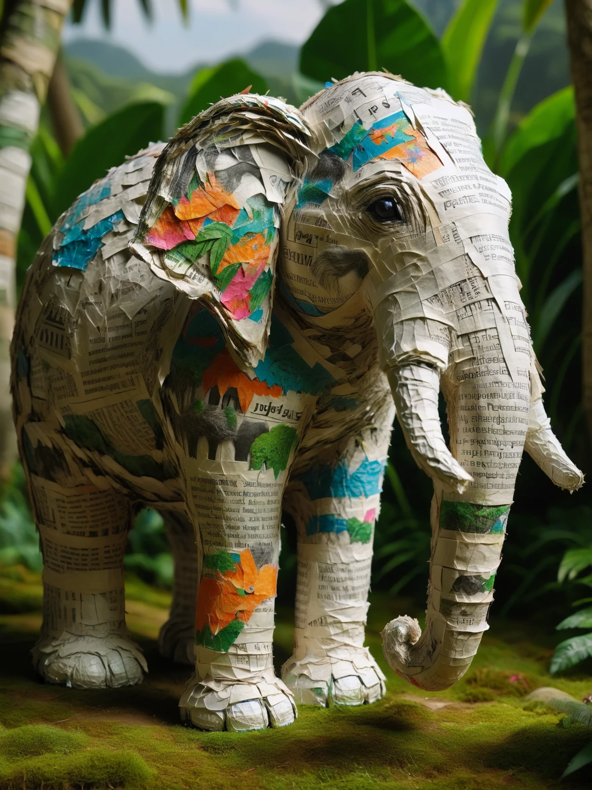 ais-papiermache elephant, parading through an imaginary paper jungle, adorned with vibrant papier mache patterns <lora:Papier_Mache_Style_SDXL:1>